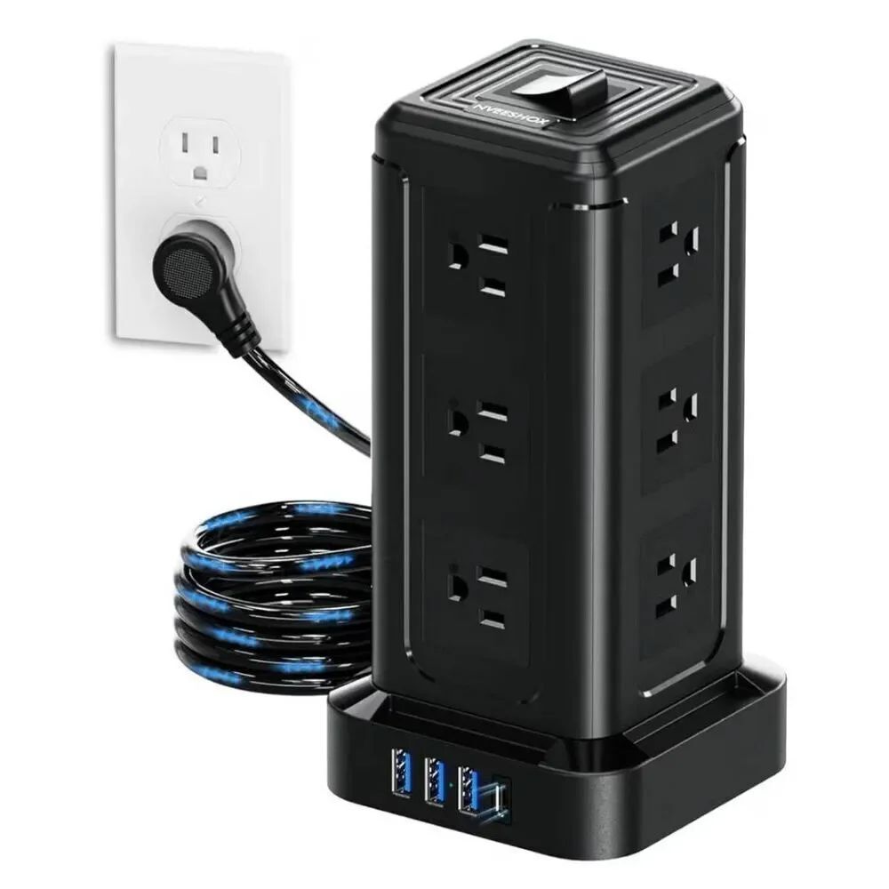 Surge Protector Power Strip Tower, 10 FT Flat Plug Extension Cord with 12 AC Out
